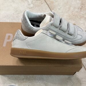 P448 Women’s Grey Suede Sneakers with Gum Sole and Silver Glitter Heel